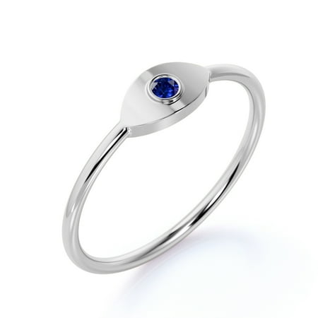 Evil Eye Round Brilliant Blue Sapphire Stacking Minimalist Ring in 10k White Gold