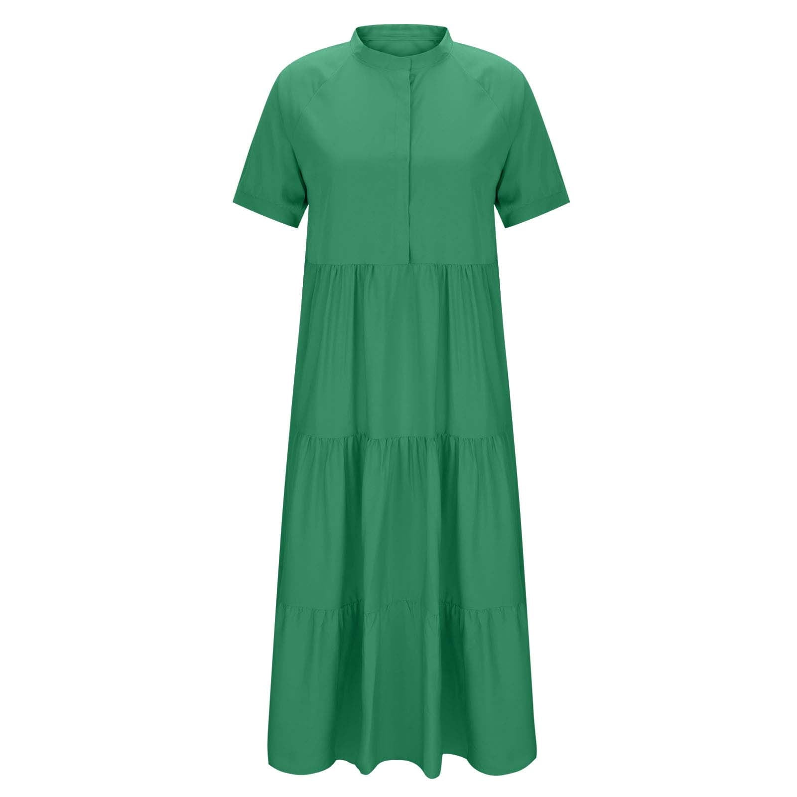 Sentmoon Summer Dresses Fashion 2026 Solid Color Dresses Short Sleeve V Neck Button Down Wedding Pleated Breathable Regular Fit A Line Dresses for Women for Indoor and Outdoor