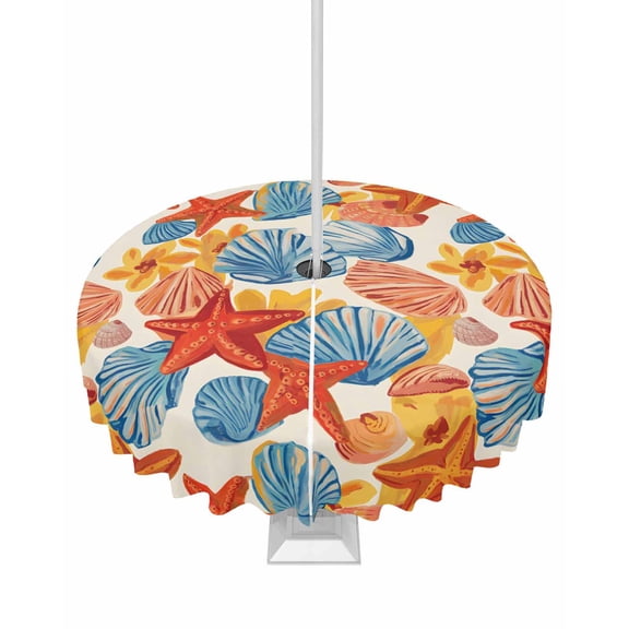 Hokiten Outdoor Tablecloths with Umbrella Hole & Zipper, Orange Flower Retro Round Tablecloth 54 Inch, Summer Blue Conch Ocean Coastal Waterproof Table Cloth, Patio/Pool/Picnic Table Covers