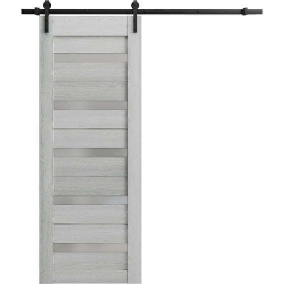 Sturdy Barn Door 24 x 80 inches | Quadro 4445 Light Grey Oak with Frosted Glass | 6.6FT Rail Hangers Heavy Hardware Set | Solid Panel Interior Doors
