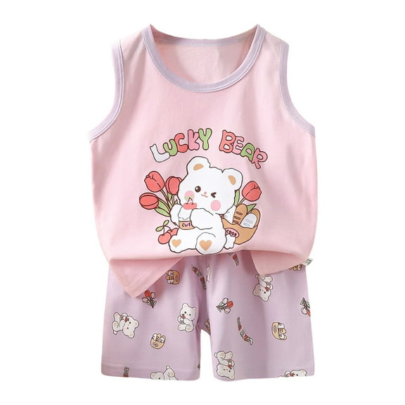 KPOPLK Toddler Boys Baby Children's Cartoon Printed Vest Set Boys' Shorts Summer Cotton Girls' Summer Clothes Two Piece Set 24 month boy clothes(6-9 Months,Pink)