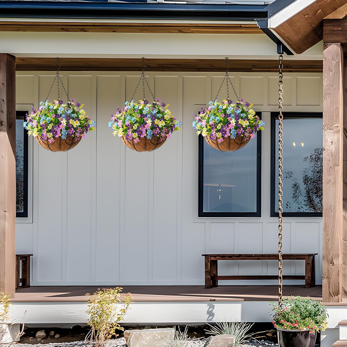 Artificial Hanging Flowers in Basket,Fake Daisy Plants Arrangement,inch Coconut Lining Basket Hanging Plant,Outdoor Indoor Patio Lawn Garden Porch Spring Decor (Dark Purple)
