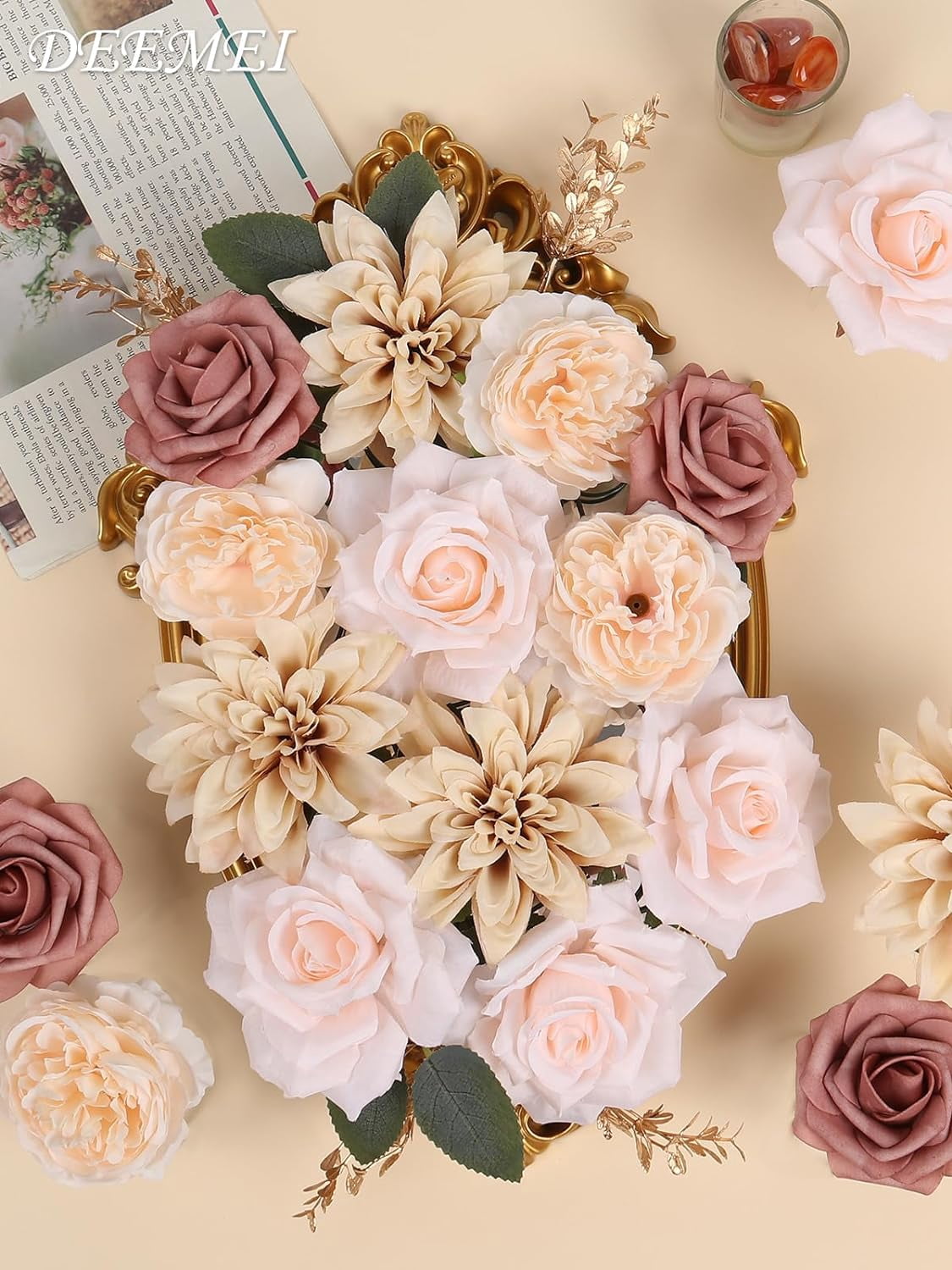 Artificial Flowers Combo Box Set Rose Silk Mix Peony Fake Flowers with Stems for DIY Bridal Wedding Bouquets Centerpieces Baby Shower Party Home Decorations Cream White