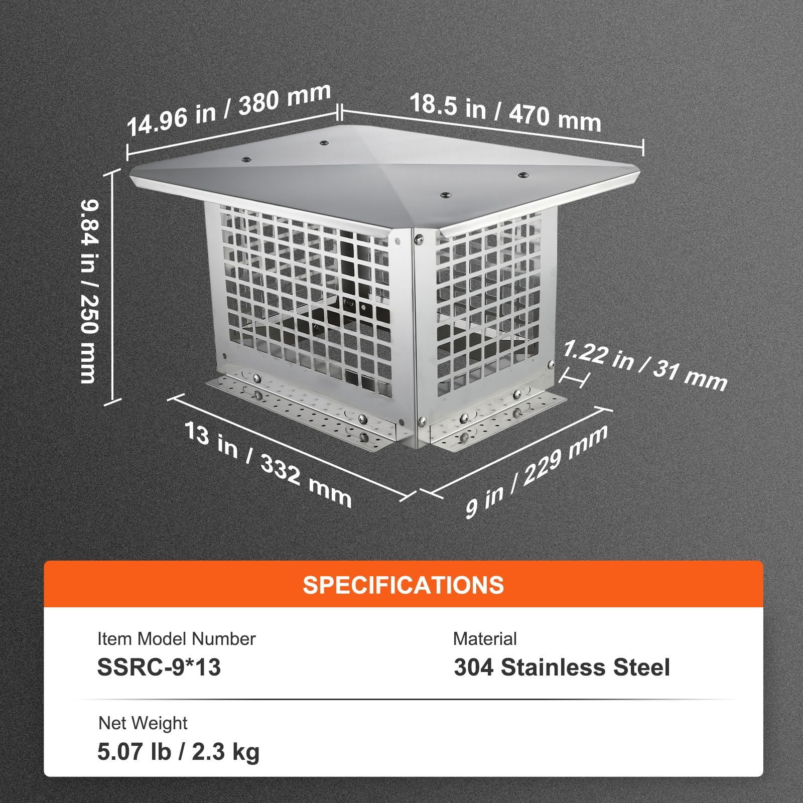 Chimney Cap 304 Stainless Steel, 2 Installation Methods, Wind-Resistant Mesh, Pre-Drilled Holes, for Brick Metal Chimneys Fireplace