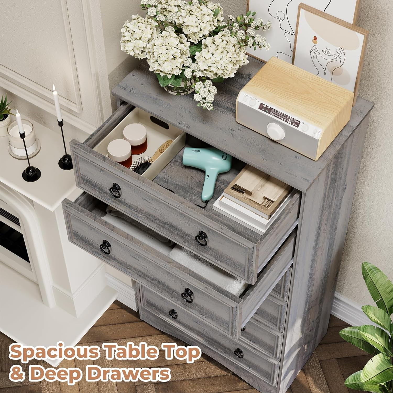 VVFLU Farmhouse 6 Drawers Dresser for Bedroom, Gray 52" Tall Dressers Chest of Drawer, Wooden Vertical Dresser for Bedroom Hallway