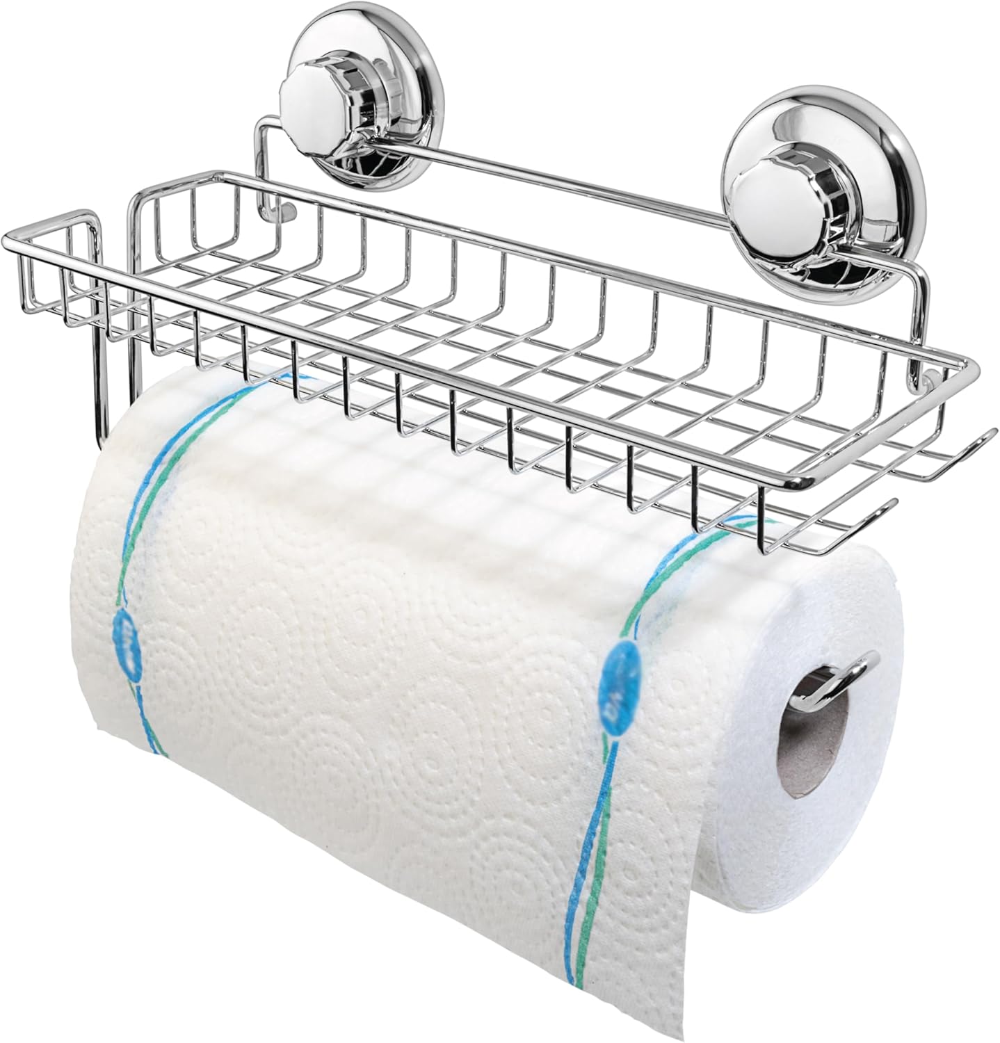 HASKO Suction Cup Paper Towel Holder with Shelf and Hooks - Wall Mount Metal Organizer for Bathroom & Kitchen - SUS 304 Stainless Steel Tissue Roll Hanger - Chrome