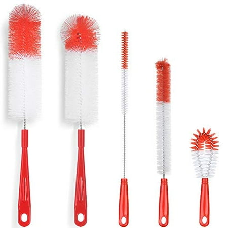 ALINK 5-Pack Red Bottle Brush Cleaner Set - Long Large Cleaing Brush for Narrow Neck Wine/Beer Bottles, Hydro Flask, Thermos, Hummingbird feeder, S?Well, Water Bottles, Spout/Lid Brush, Straw