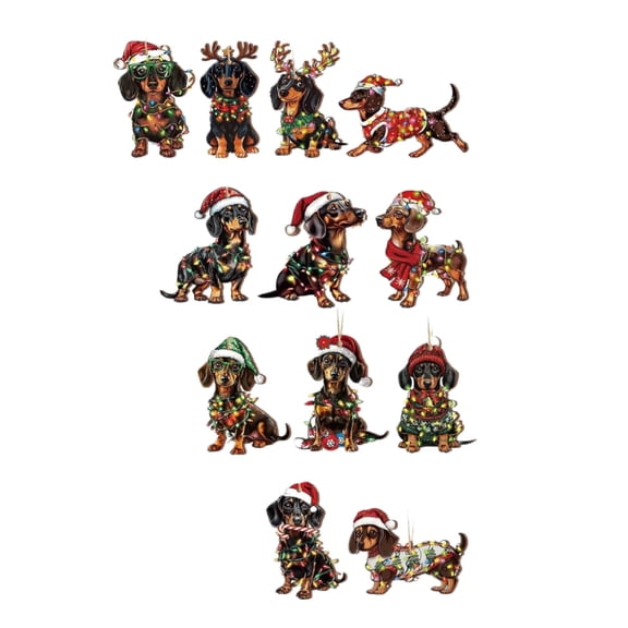 Dachshund Christmas Wooden Ornaments, 12Pcs Sausage Dog Wood Cutout Hanging Decor with Jute Rope, Christmas Tree Ornament for Dog Lovers