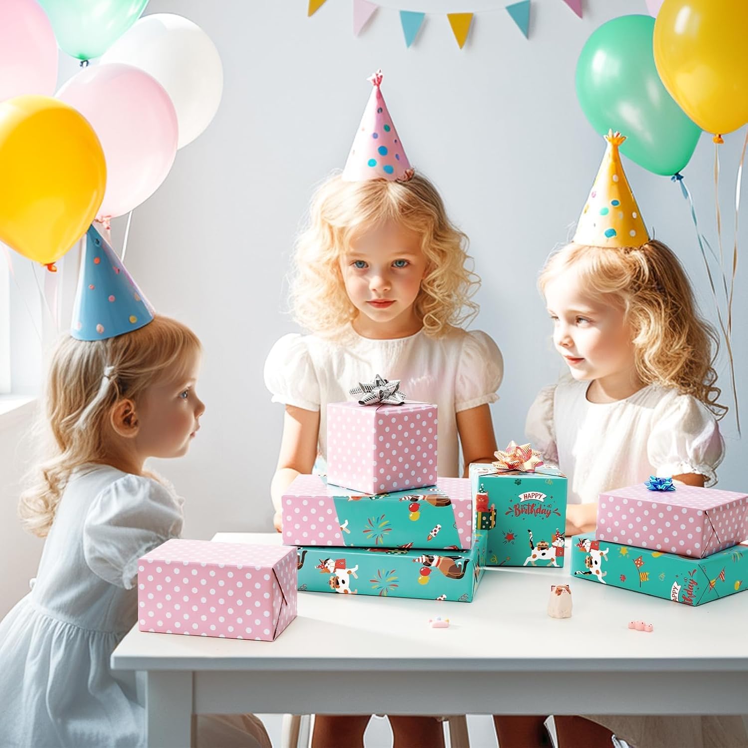 Cat Birthday Wrapping Paper Roll - 1 Roll 17” X 33 ft Cat Gift Wrapping Paper Roll Girls Kids Birthday Green Pink Wrap Paper with Polka Dot Design for Gift Packing Supply