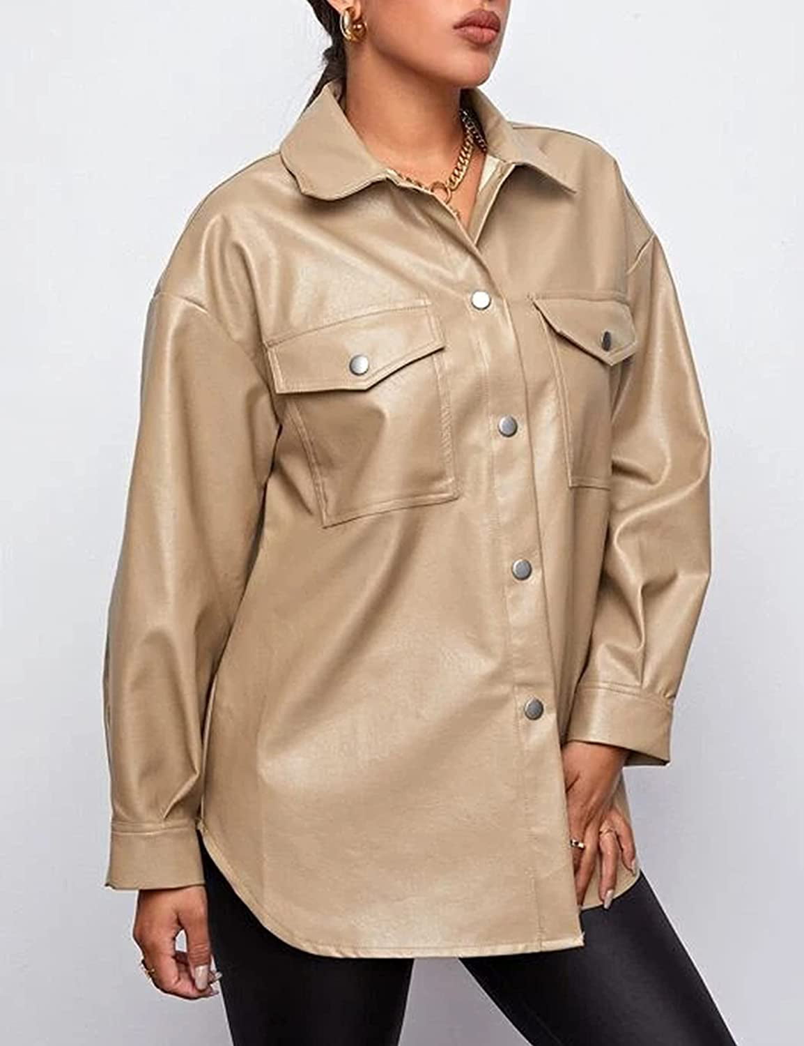 DanceeMangoos Women's Casual Faux Leather Jacket Lapel Button Down Leather  Shacket Coat 