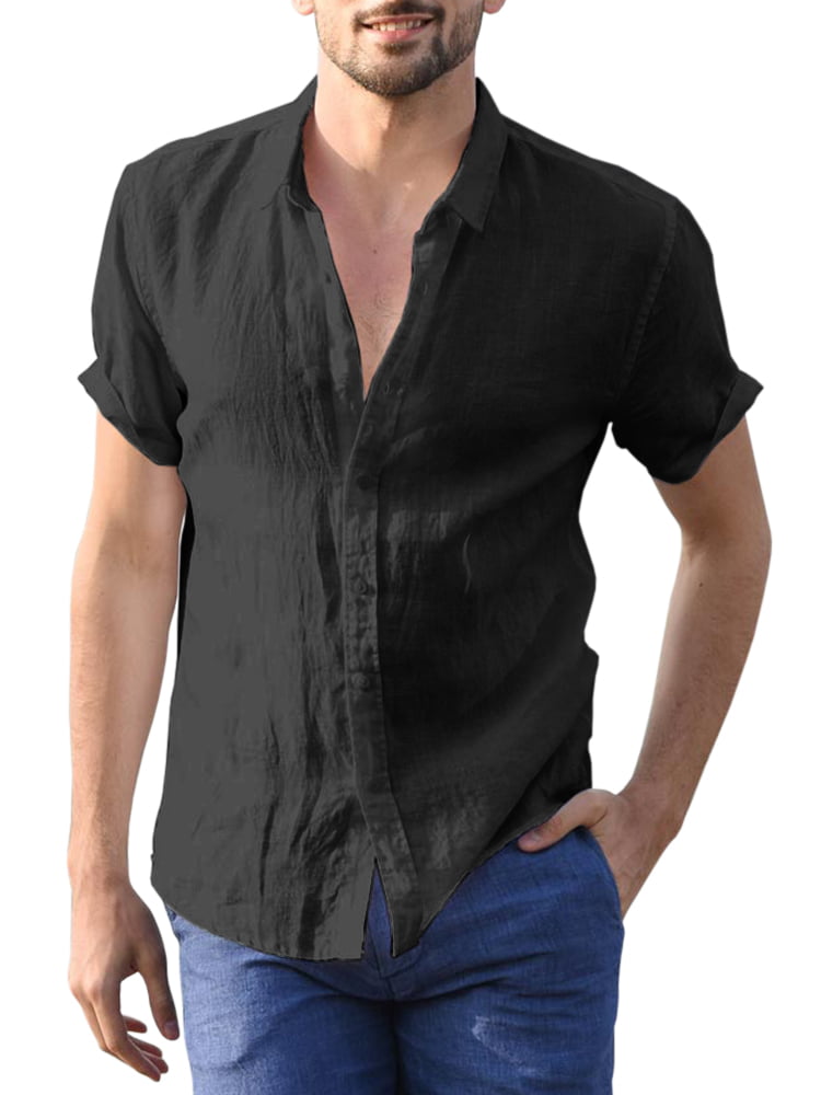 Mens Summer Fashionable Solid Colour Short Sleeve Comfortable Blouse Black
