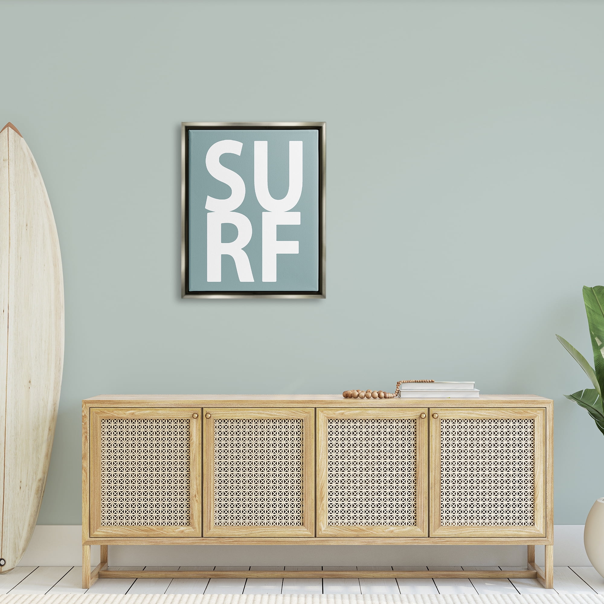 Stupell Surf Summer Fun Turquoise Phrase Landscape Painting Gray Floater Framed Art Print Wall Art