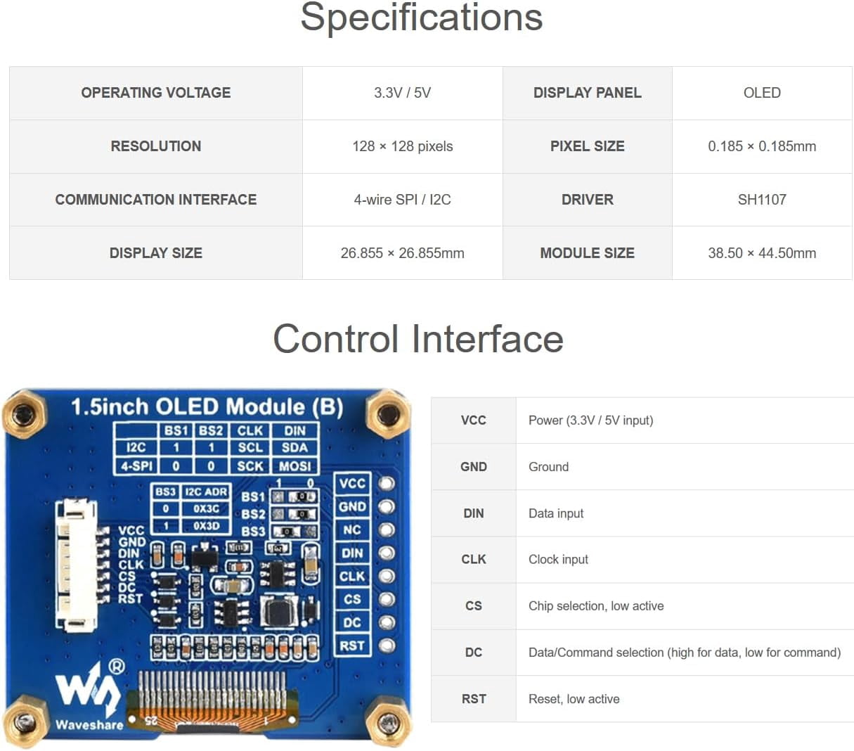 1.5inch OLED Screen Module 128×128 Pixels Black/White Display Color OLED for /Arduino/STM32, 4-Wire SPI and I2C Interfaces, 3.3V/5V