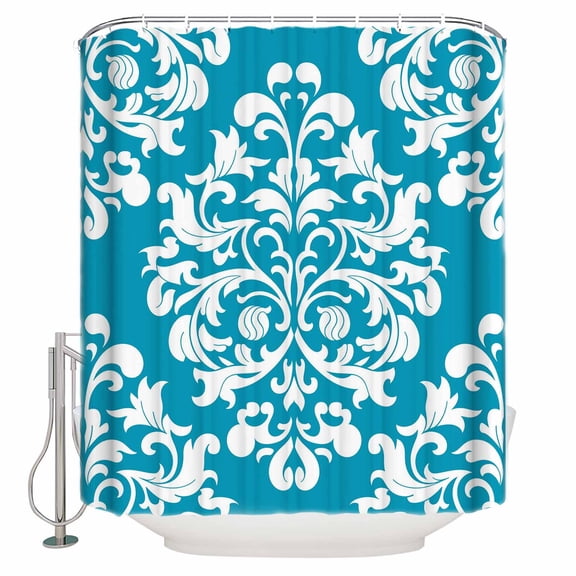 Baroque Blue Bathroom Shower Curtains with 12 Hooks Polyester Waterproof Shower Curtain for Stalls and Bathtubs Vintage Damask Classic Floral Decorative Bathroom Privacy Curtain 66x72 Inches