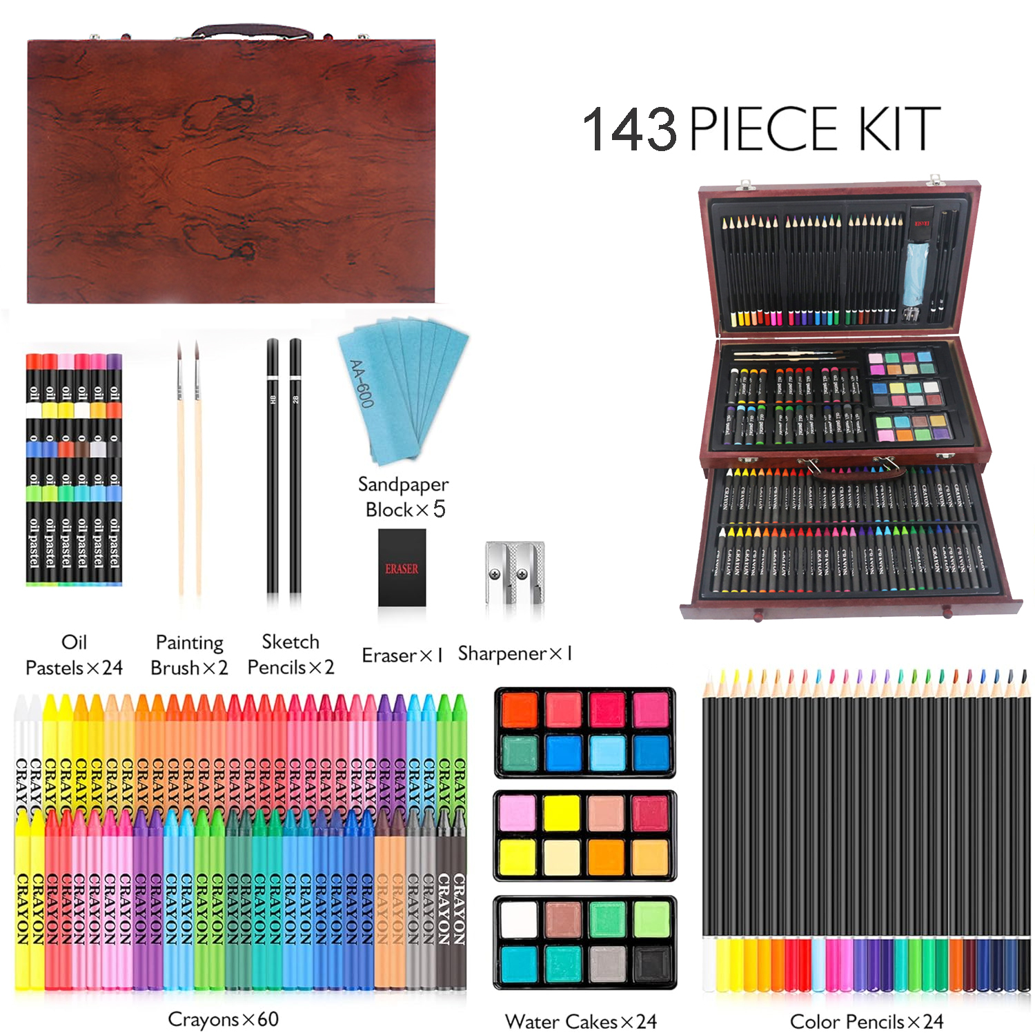143-Piece Art Supply, Wood Box Painting and Drawing Set in Storage Case, 2 Sketch Pads, 24 Watercolor Paint Colors, Colored Pencils, 60 Crayons, Brushes, Artist Kit