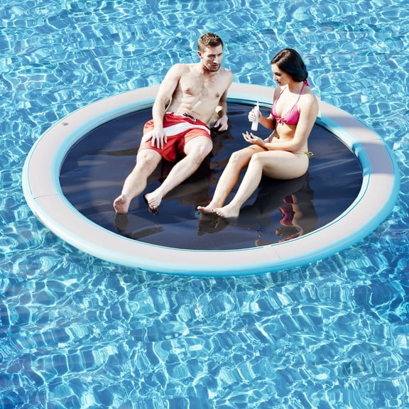 Bezliving 12FT Round Inflatable Floating Dock, Float Ring Water Hammock with Pump, 4in Woven Fabric, Lake Pool Float for Adults, White Blue