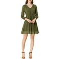 thumbnail image 1 of Vestido de gasa A-line con media manga en V, sólido y lindo para mujeres, XS, marrón y verde, 1 of 7