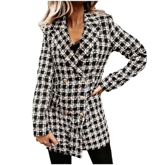 Usmixi Trench Jacket for Women Womens Woolen Overcoat Fashion Plaid Print Button Down Lapel Blazer Coats Long Sleeve Business Suit Jacket Outwear with Pocket Winter Trench Jacket