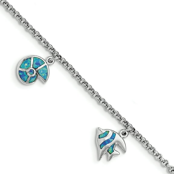 Primal Silver Sterling Silver Rhodium Created Blue Opal Fish and Shells 7.25 Inch Charm Bracelet
