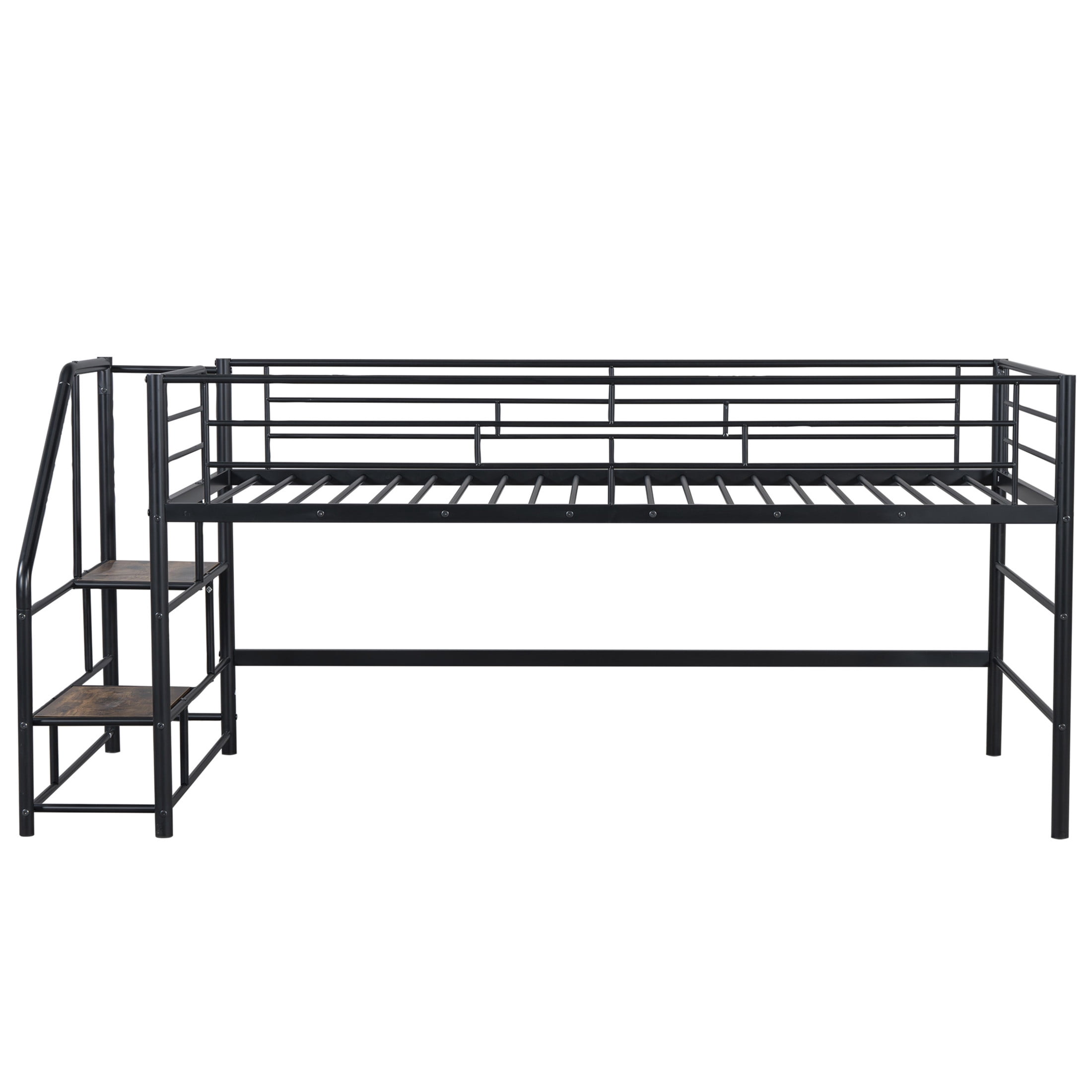 Noble House Twin Mid Loft Bed, Metal Frame with Wooden Accent, Storage Stairs and Low Profile Safety, Black