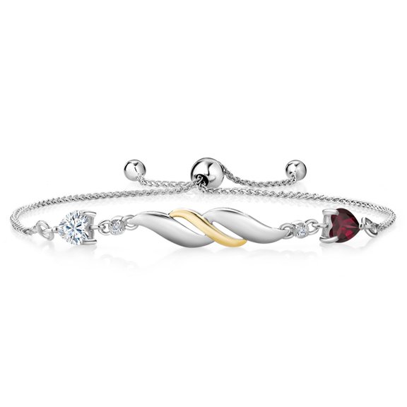 Gem Stone King 925 Silver and 10K Yellow Gold Red Rhodolite Garnet Bracelet for Women Set with Moissanite (0.99 Cttw) and Lab Grown Diamond