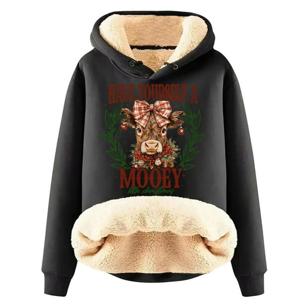 WILLBEST Sudadera con Capucha para Mujer Have Yourself A Mooey Little Christmas, Sudadera con Capucha de Terciopelo Grueso, Cálida y Holgada XX-Grande