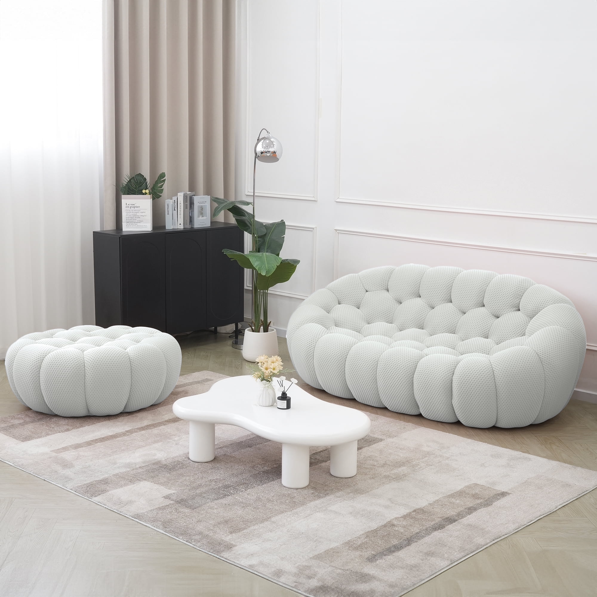 Sodrens 79.53" Bubble Couch with Single Seat,Modern Upholstered Mesh Fabric Lazy Floor Sofa,3D Honeycomb Shape Bubble Sofa Curved Couch for Living Room,Office,Apartment,No-Assembly(Light Gray)