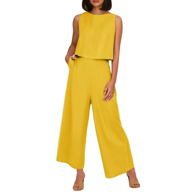 Conjunto de dos piezas de lino de color liso para mujer: top corto sin mangas con botones y pantalones de pierna ancha, tejido transpirable para el verano