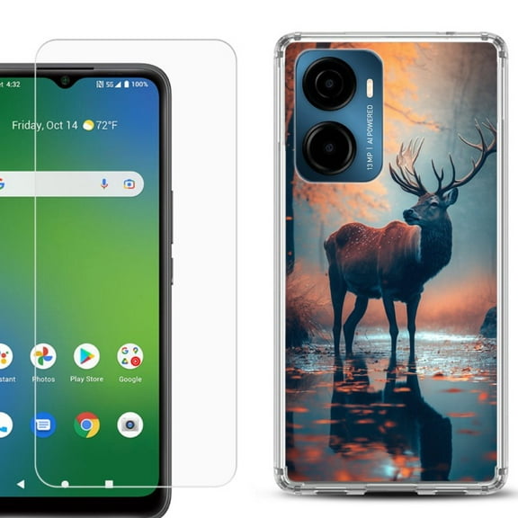 For AT&T Propel 2 5G Phone Case Cover, Shockproof Bumper Hybrid Case with Tempered Glass Screen Protector, by OneToughShield - Deer Autumn