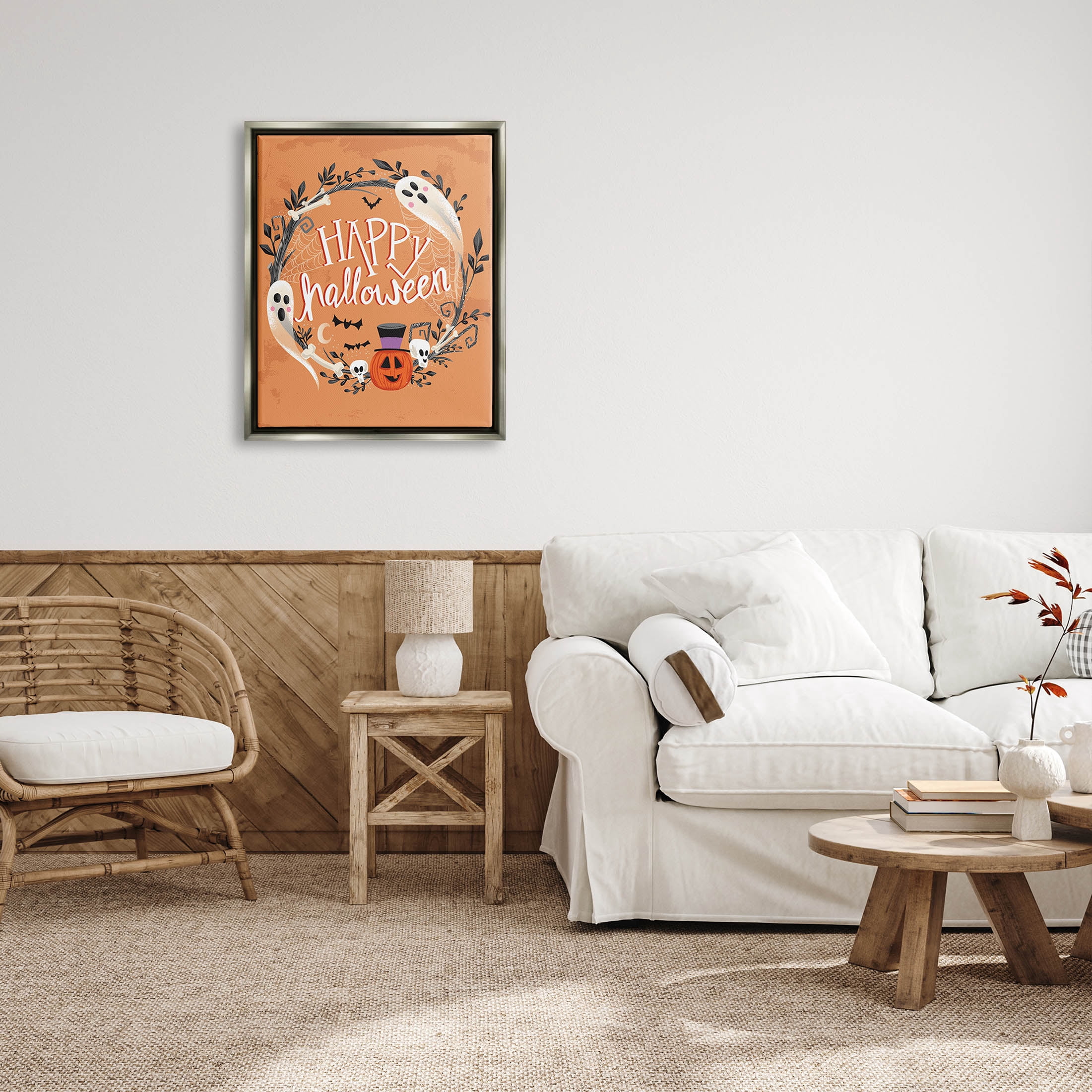Stupell Industries Happy Haunts Halloween Wreath Graphic Art Luster Gray Floating Framed Canvas Print Wall Art, Design by Arrolynn Weiderhold