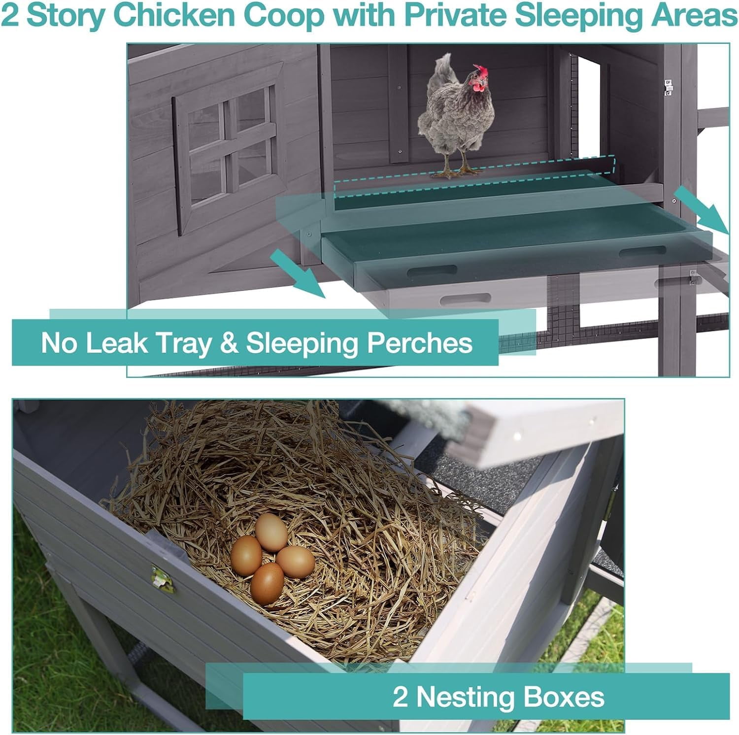 MEDEHOO Chicken Coop, Mobile Chicken House with with Wheels, Outdoor Hen House Poultry Cage with Nesting Box, Leakproof Pull Out Tray and UV-Resistant Roof (Grey)