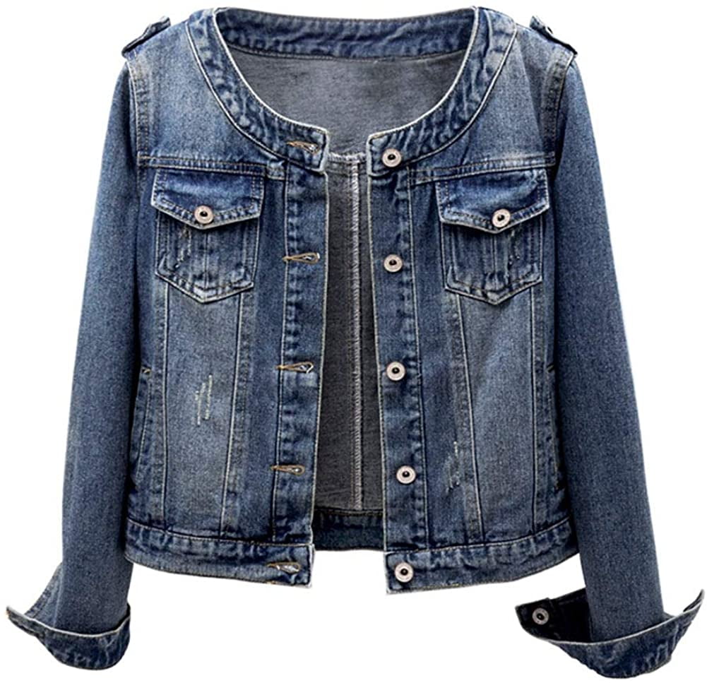 Women's Collarless Blue Denim Jackets 