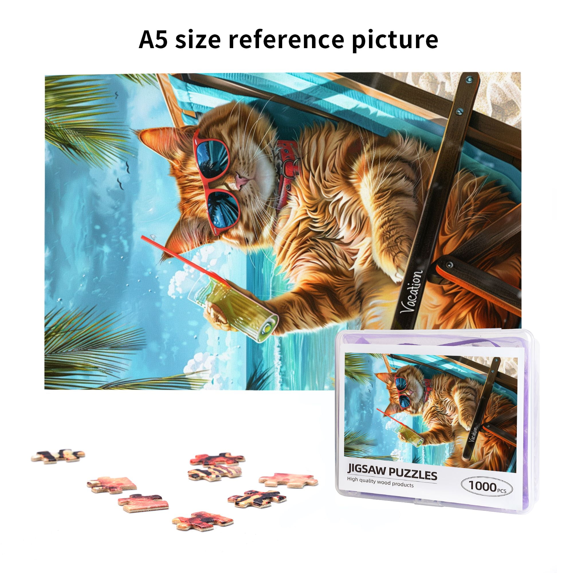 1000 pcs 1000 Piece Vibrant Wooden Jigsaw Puzzle Cat's Beach Time,Unique Artwork for Adults,Funny Cat's Beach Time Stress relieving puzzle 1000 Piece,Great for Relaxation and Display for Puzzle Lover