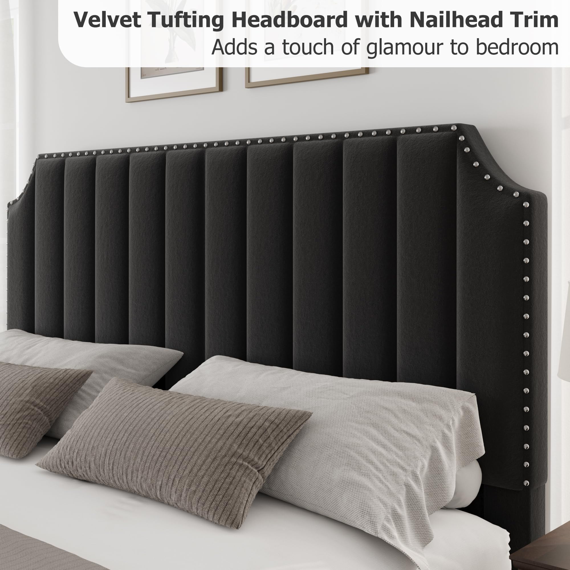 Huisuilinss Queen Bed Frame,Upholstered Platform Bed Frame,Velvet King Size Bed Frame With Nailhead Trim Headboard & Footboard,No Box Spring Needed,Noise Free,Wooden Slats