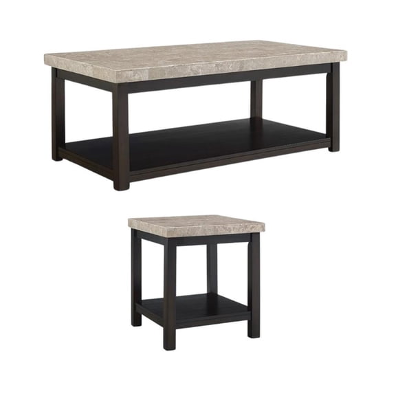 Bowery Hill 2 Piece Marble Top Occasional Table Set in Espresso