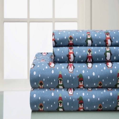 Elite Home Products, Winter Nights Cotton Flannel Sheet Set, Penguins