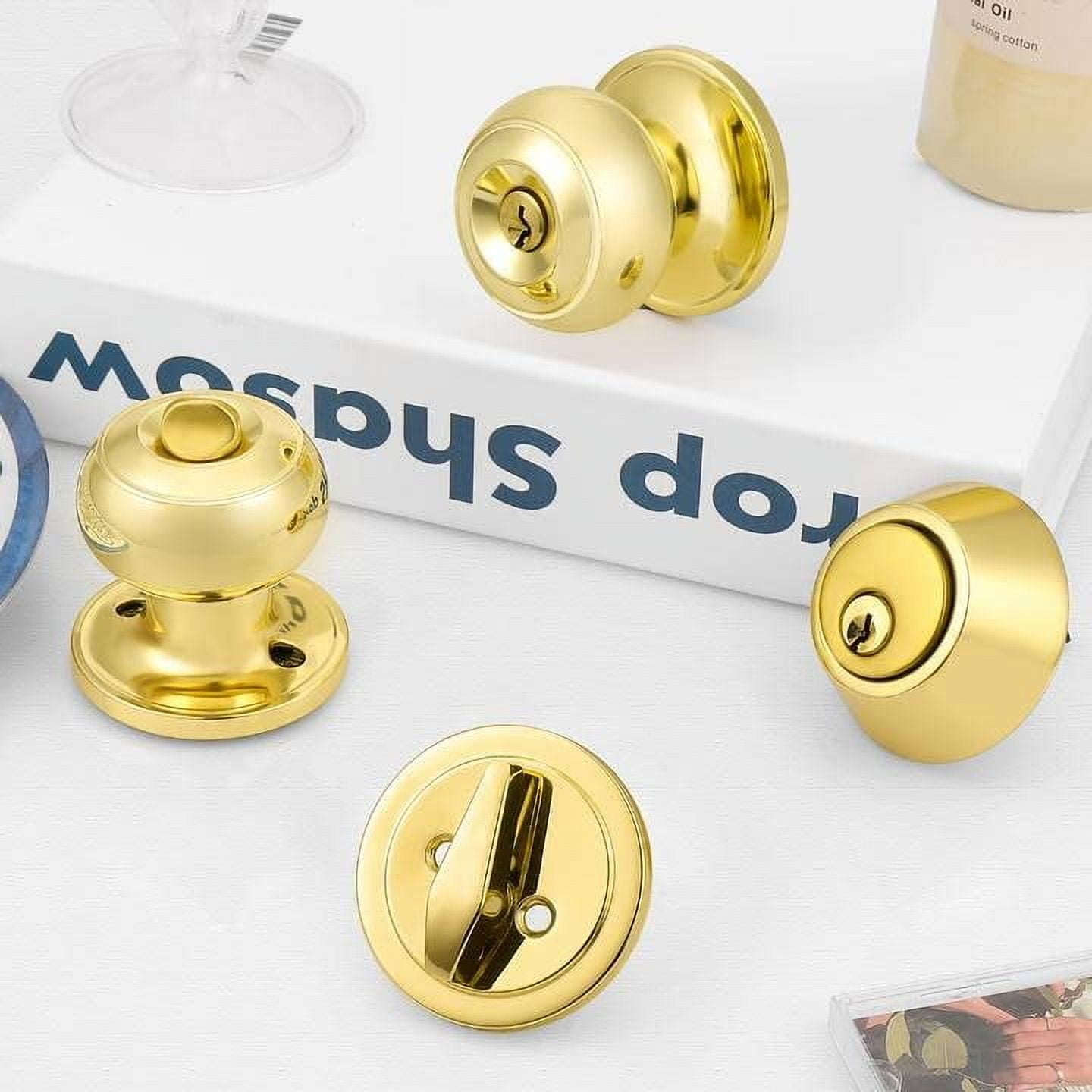 6 Pack Round Ball Entry Door Knobs and Single Cylinder Deadbolt Combo Sets for Exterior Door, Polished Brass, Keyed Alike