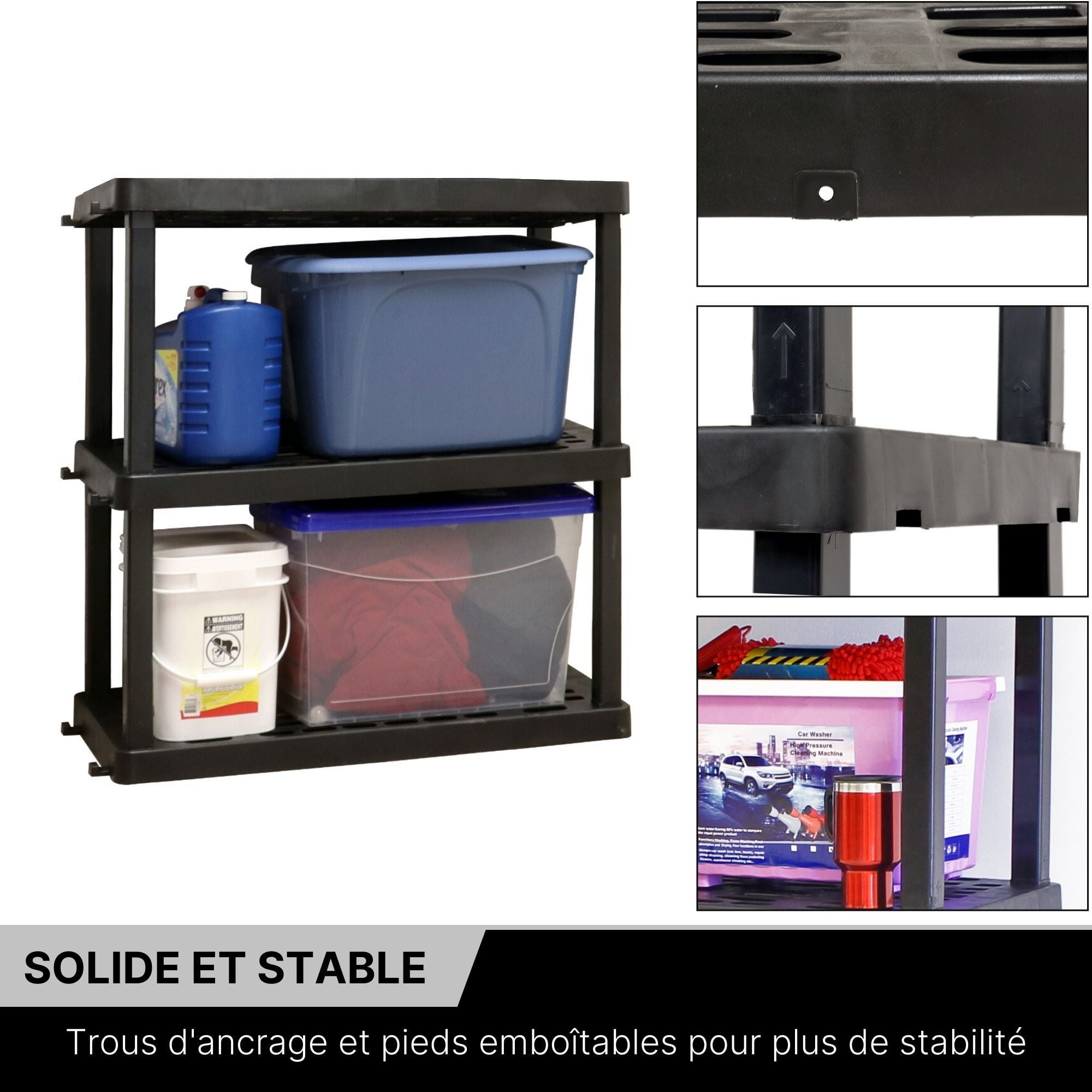 Oskar Plastic Storage Shelves Garage Shelving Unit 3-Tier 37.8"H x 36"W x 17.75"D Black 500 lb Capacity