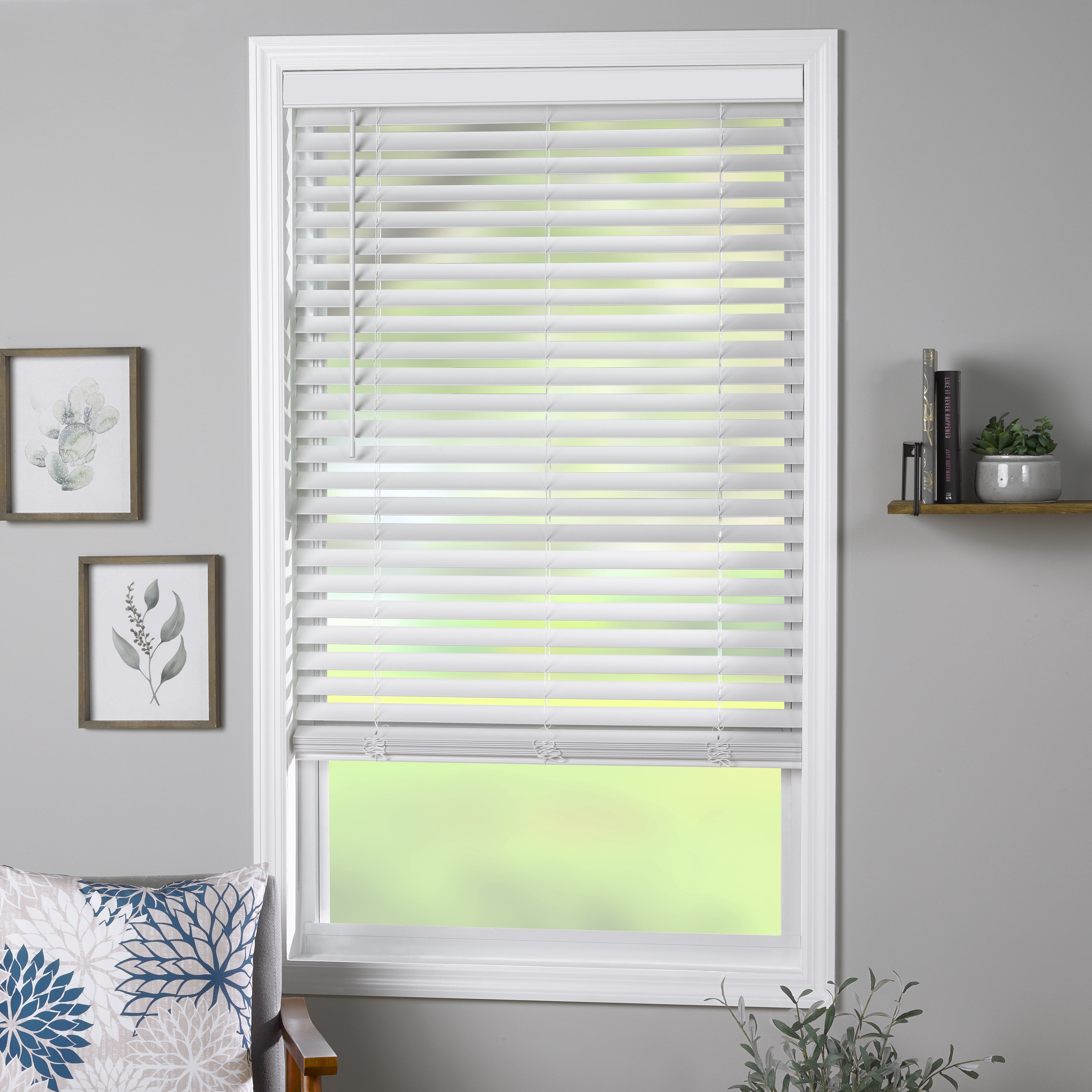 Coverscaped 2" Cordless Faux Wood Smooth White Blinds, 53.5" x 36"