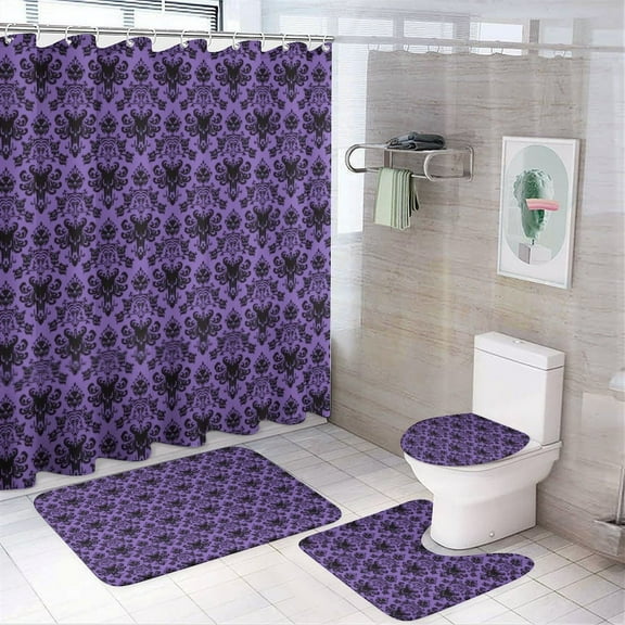 Haunted Mansion Shower Curtain Set Modern Bathroom Decor Mats 4pcs Fabric Bathroom Curtain Slip Floor Rug Toilet Lid