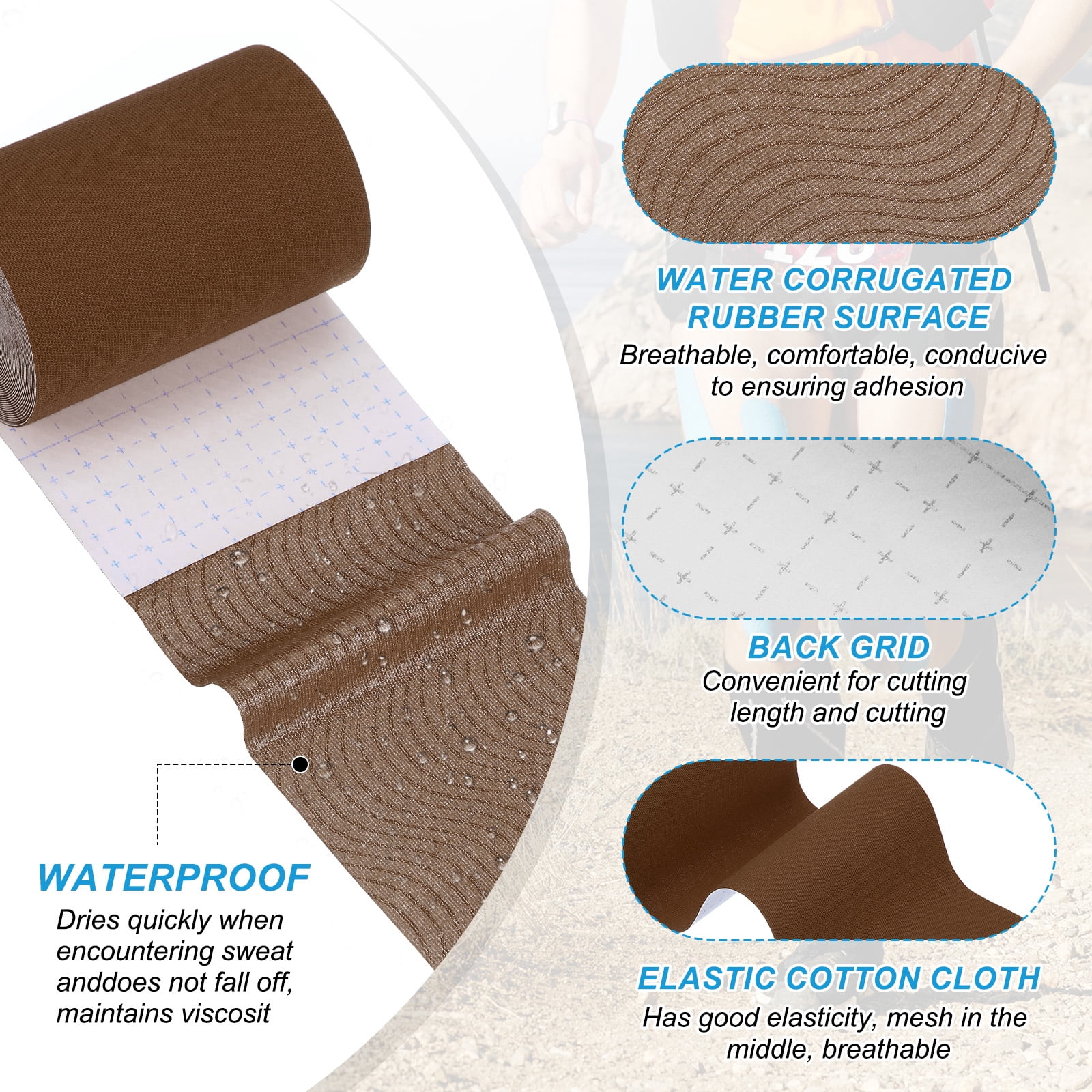 Uxcell Kinesiology Tape, Adhesive Cotton Sports Muscle Support Tape Waterproof Elastic Tape for Knee Ankle Wrist Brown/White