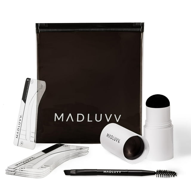 Kit de sellos para cejas Madluvv con plantillas: perfilador fácil para cejas de aspecto natural. Kit de plantillas para cejas popular entre profesionales. Incluye 9 formas, cepillo de cepillo, bolsa d