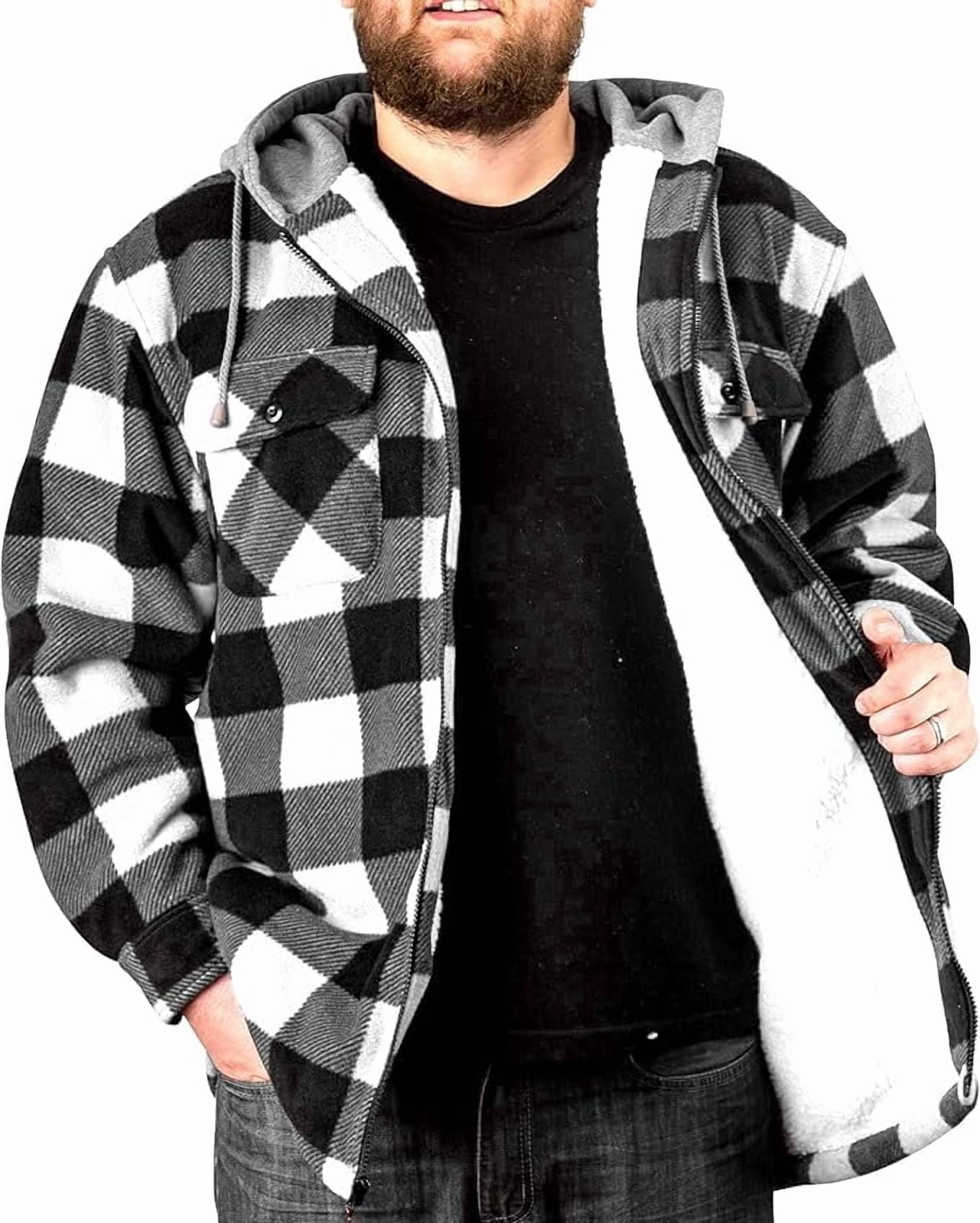 TrailCrest Men's Warm Sherpa Lined Hoodie Fleece Shirt Jacket, Classic Zip Up Buffalo Plaid, White Plaid, Large