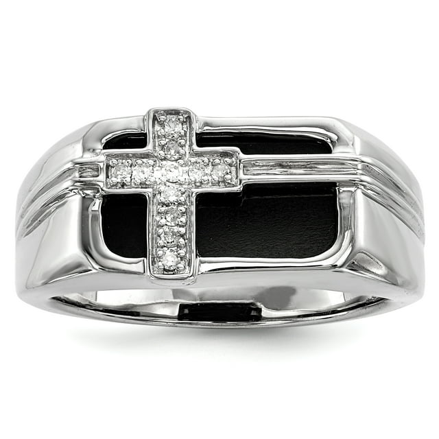 Sterling Silver Rhodium Plated Diamond Black Onyx Cross Men's Ring Size 9