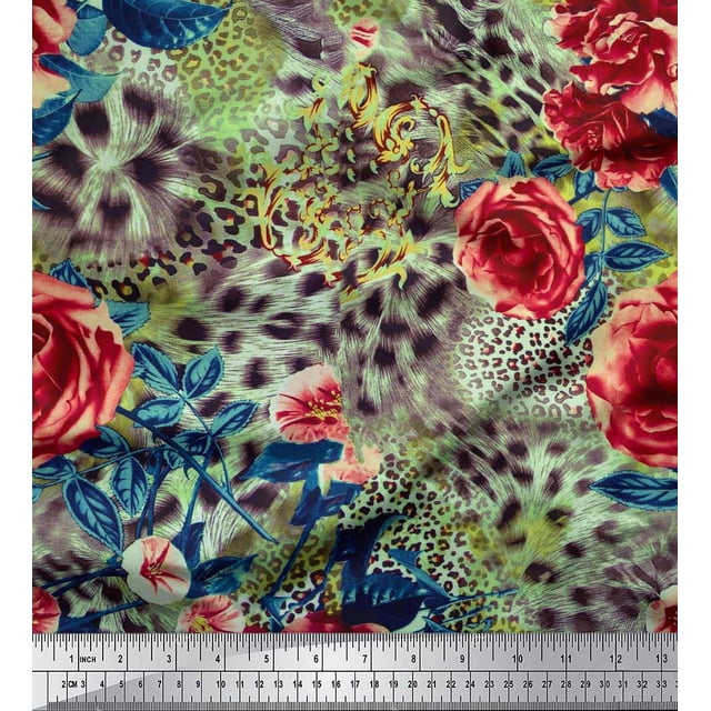 Soimoi Pink Poly Georgette Fabric Leopard Skin,Leaves & Floral Decor Fabric Printed BTY 52 Inch Wide