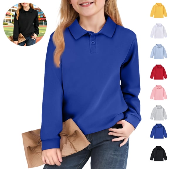 Mfakffe Kids Polo Shirts Back To School School Uniform Long Sleeve Shirts Casual Notch Collar(Dark Blue,4-5 Years)