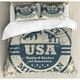 thumbnail image 1 of America Queen Size Duvet Cover Set, Passport Stamp Inspired Grungy Figure of Detroit Michigan State with Stars, Decorative 3 Piece Bedding Set with 2 Pillow Shams, Blue Grey and Taupe, by Ambesonne, 1 of 3