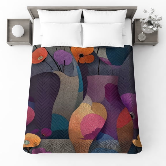 Colorful Floral Vases King Size Quilted Bedspread