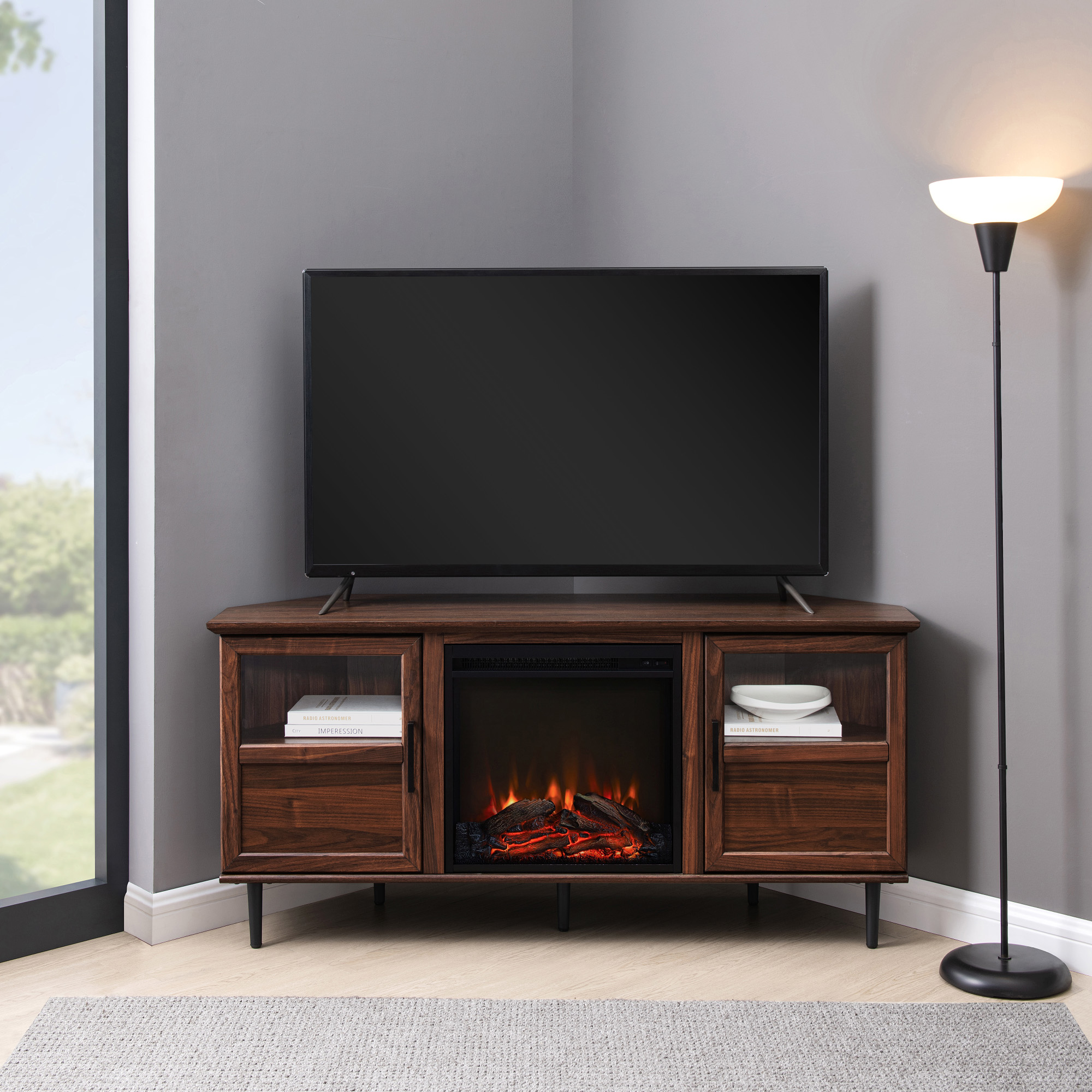 Walker Edison Panel Electric Fireplace Corner TV Stand for TVs up to 60”, Dark Walnut - image 2 of 11
