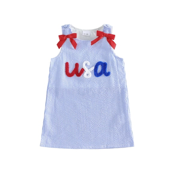 BemeyourBBs Kids Toddler Baby Girls 4th of July Dress Overalls Patriotic Independent Day Clothes Letter Embroidery Sleeveless Stripe Tank Dress with Bow Decor Fourth of July Summer Dress Clothes